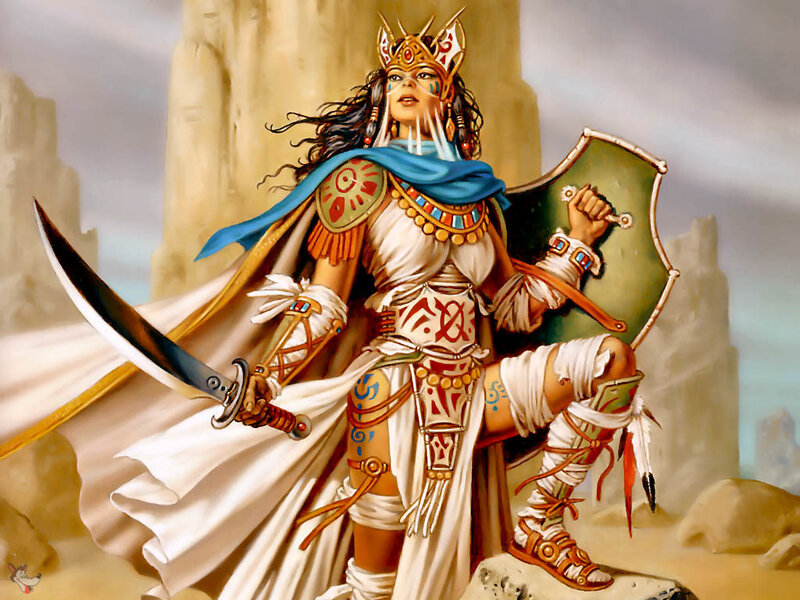 Female Warrior with Sword — White, Dramatic, Digital Art