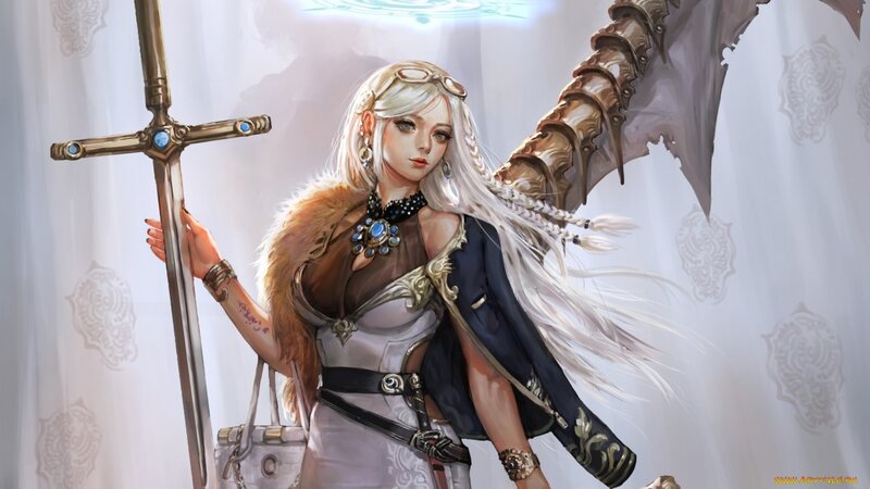 Female Warrior with Sword — White, Dramatic, Digital Art, Wings, Fur Collar