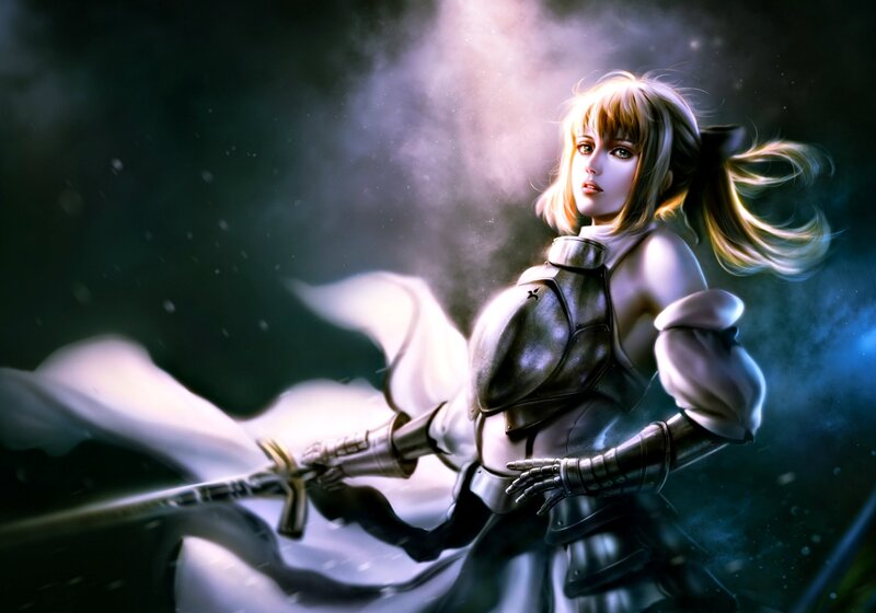 Female Warrior with Sword — White, Dramatic, Night, Digital Art, Armor, Cape