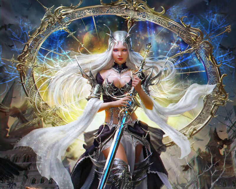 Female Warrior with Sword — White, Dramatic, Night, Digital Art, Armor, Castle