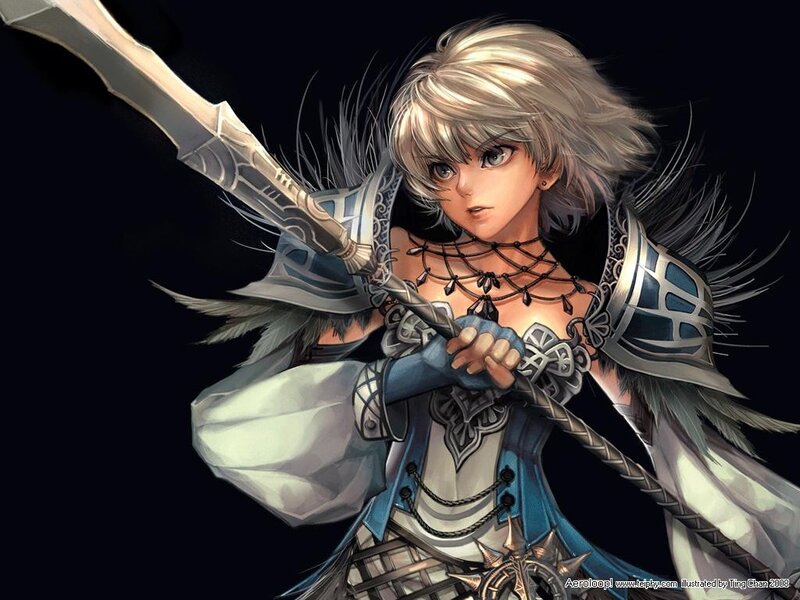 Female Warrior with Sword — White, Dramatic, Night, Digital Art, Armor, Feathers