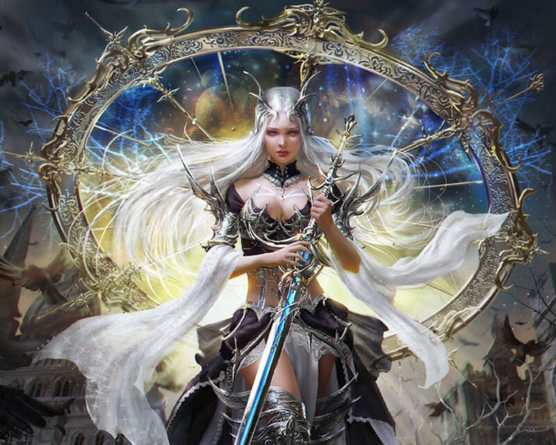 Female Warrior with Sword — White, Dramatic, Night, Digital Art, Armor, Mirror