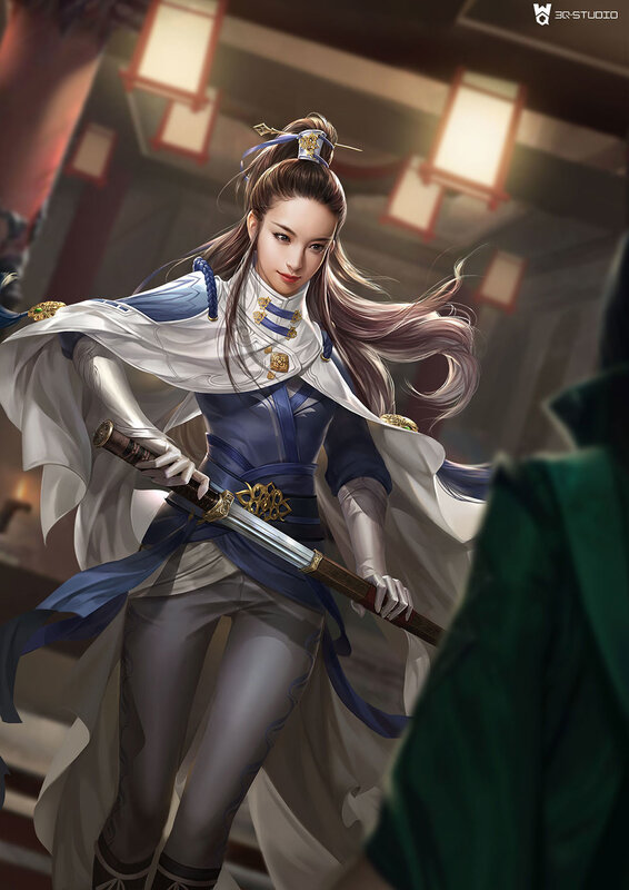 Female Warrior with Sword — White, Dramatic, Night, Digital Art, Lanterns