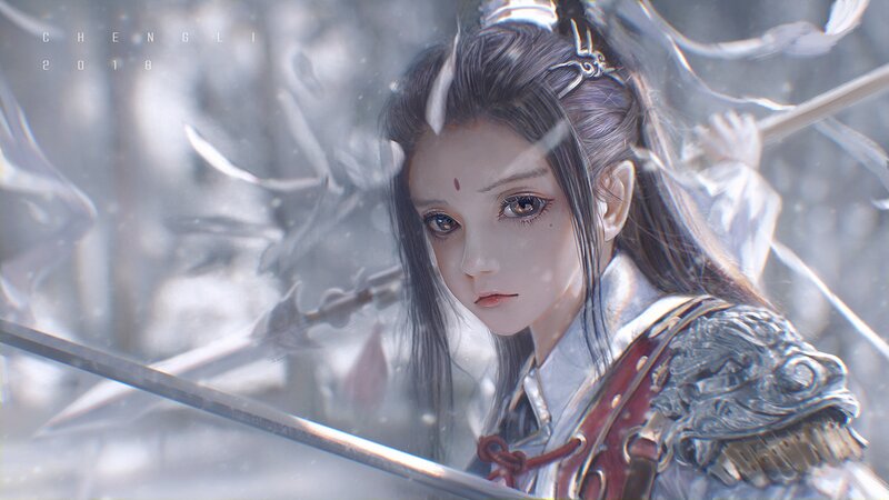 Female Warrior with Sword — White, Dramatic, Winter, Digital Art, Armor