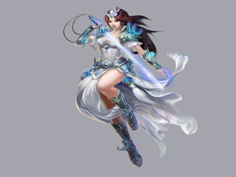 Female Warrior with Sword — White, Dynamic, Digital Art, Armor