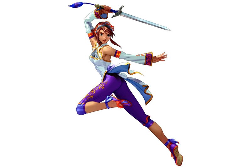 Female Warrior with Sword — White, Dynamic, Digital Art, Blue Feather