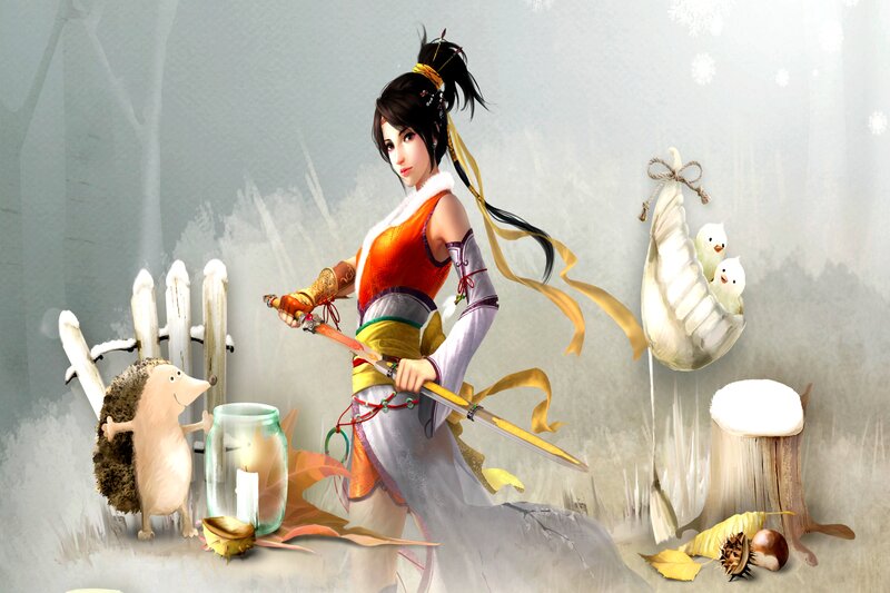 Female Warrior with Sword — White, Serene, Winter
