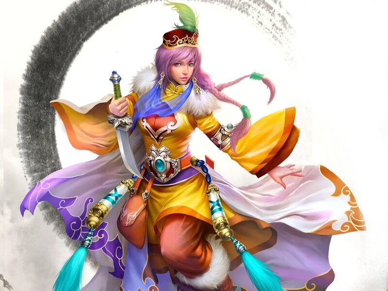 Female Warrior with Sword — Yellow, Dramatic, Digital Art, Feathered Hat