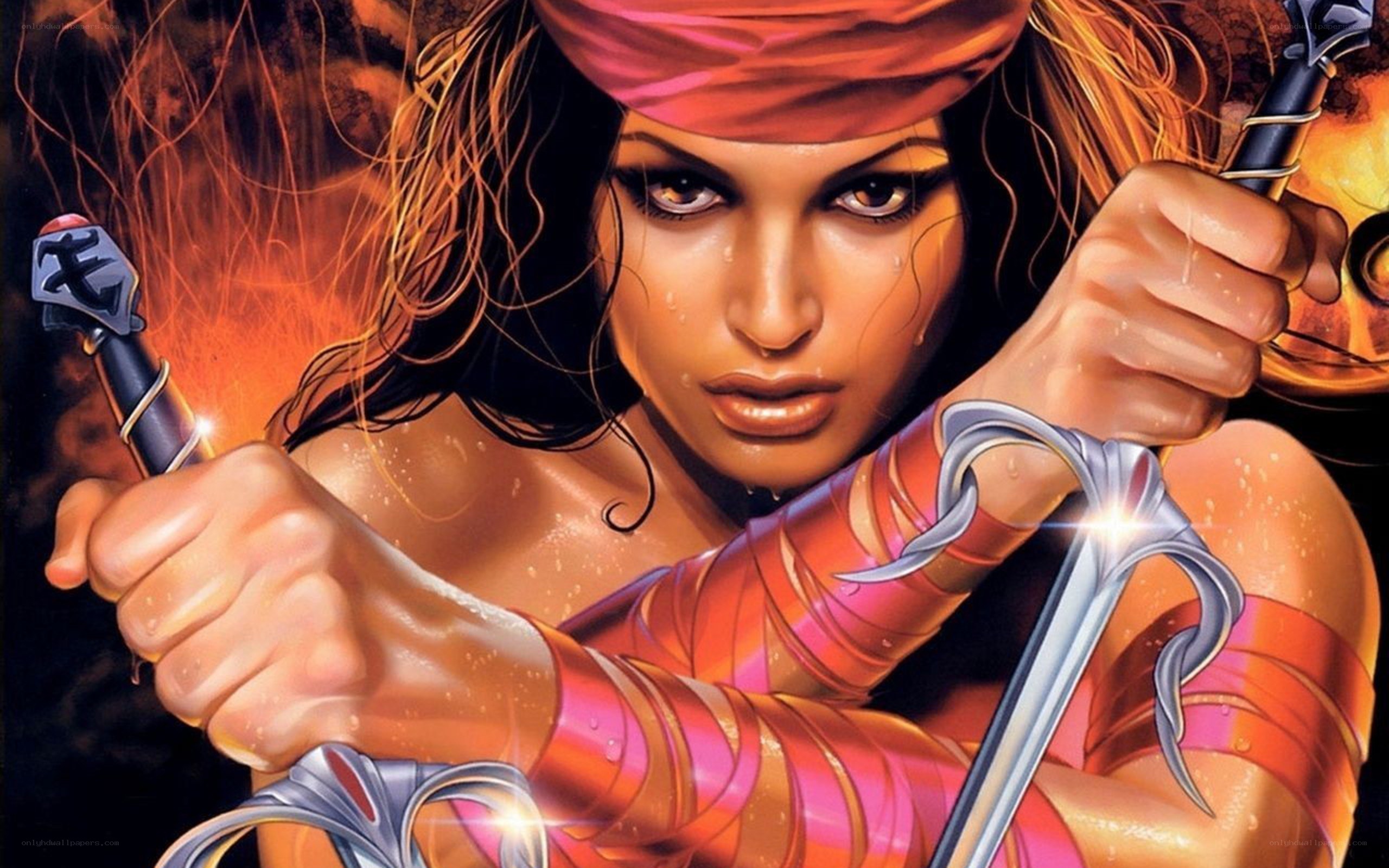 female warrior with swords