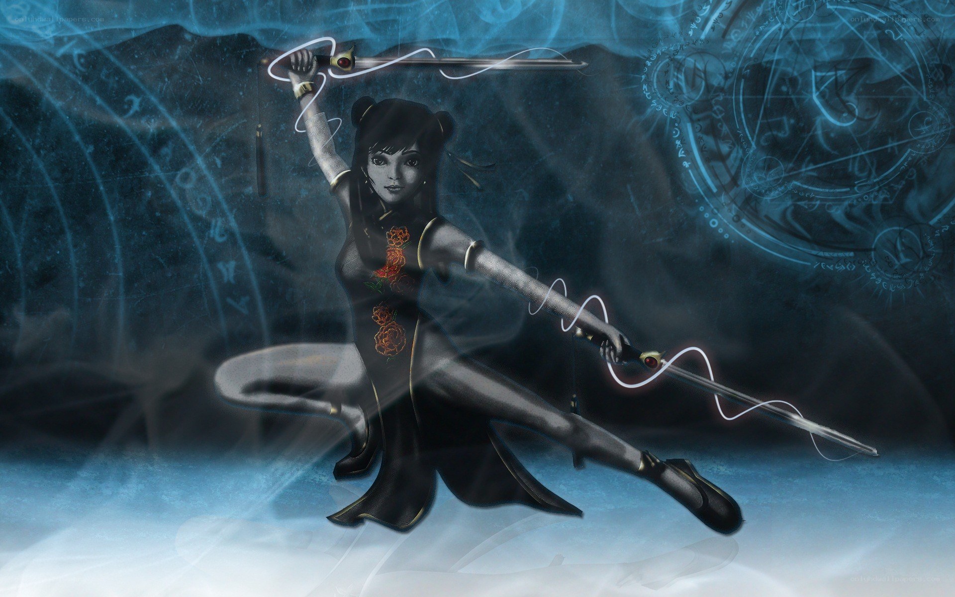 female warrior with swords
