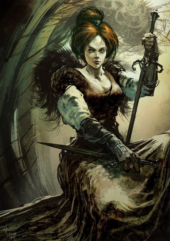 female warrior with swords