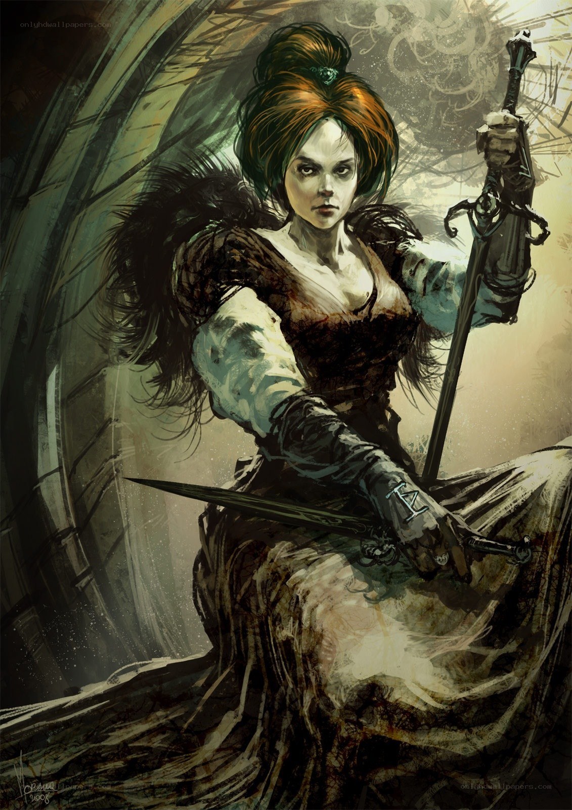 female warrior with swords
