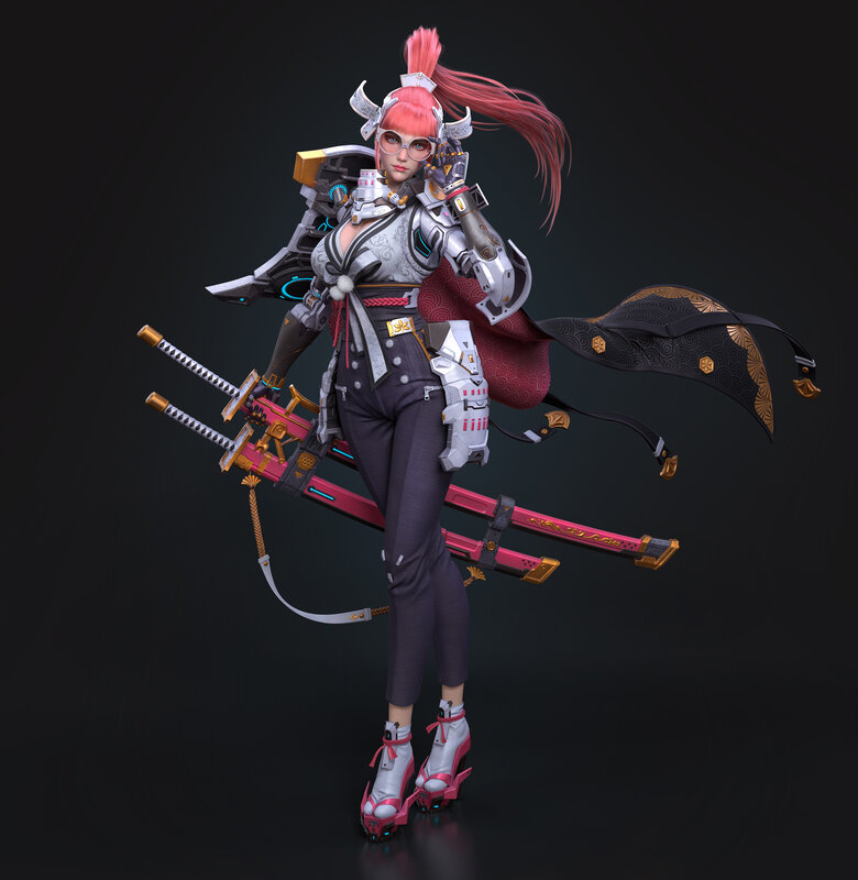 Female Warrior with Swords — Black, Dramatic, 3d Render