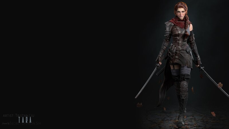 Female Warrior with Swords — Black, Dramatic, Autumn, 3d Render