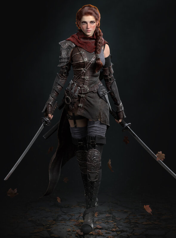 Female Warrior with Swords — Black, Dramatic, Autumn