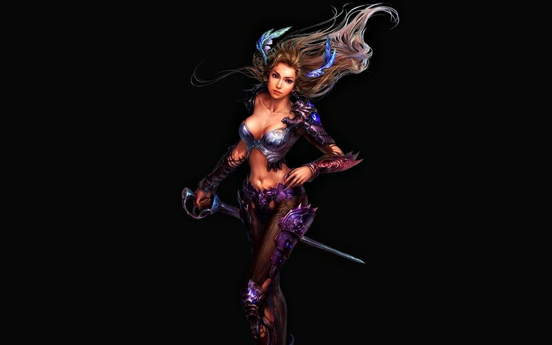 Female Warrior with Swords — Black, Dramatic, Digital Art, Armor, Long Hair
