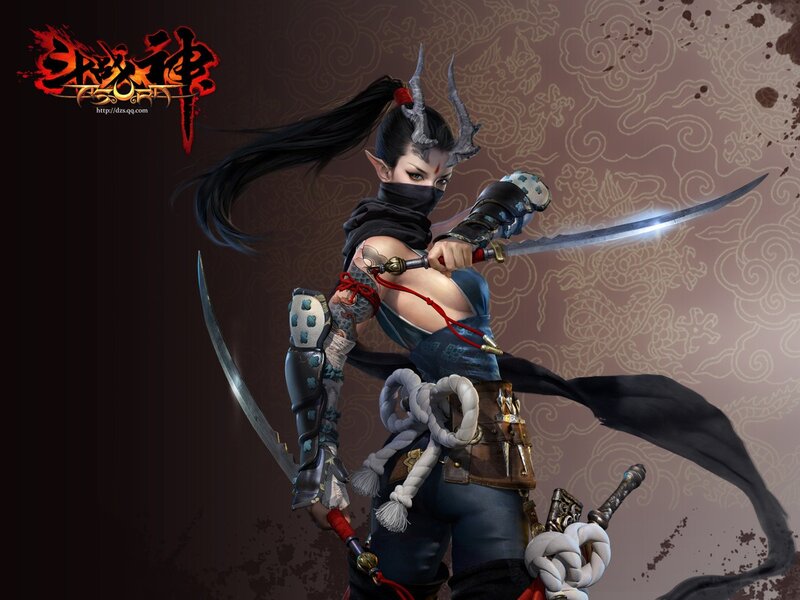 Female Warrior with Swords — Black, Dramatic, Digital Art, Armor, Mask