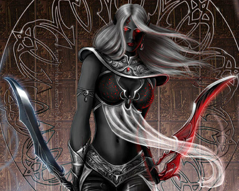 Female Warrior with Swords — Black, Dramatic, Digital Art, Armor, Red Eyes