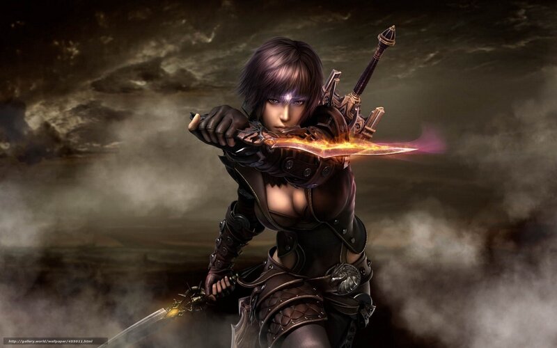 Female Warrior with Swords — Black, Dramatic, Digital Art, Armor, Smoke