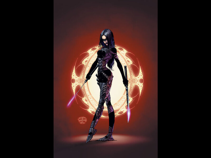 Female Warrior with Swords — Black, Dramatic, Digital Art, Glowing Circle