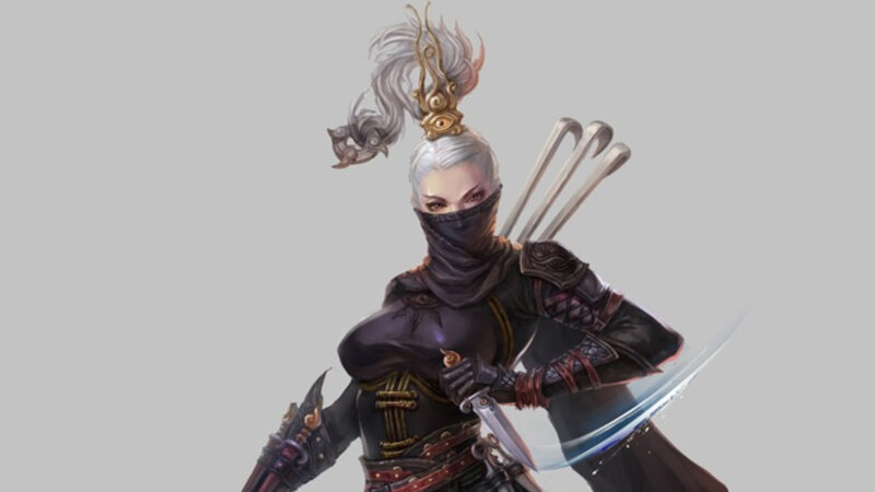 Female Warrior with Swords — Black, Dramatic, Digital Art, Mask