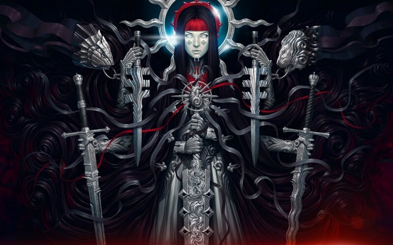 Female Warrior with Swords — Black, Dramatic, Digital Art, Skull