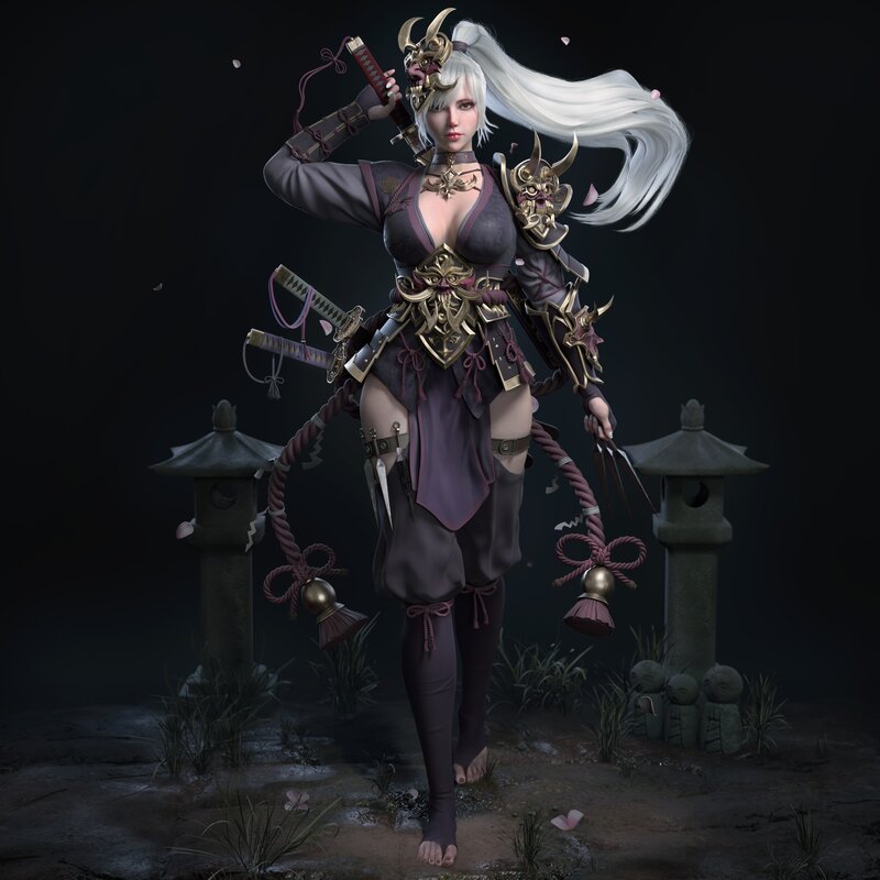 Female Warrior with Swords — Black, Dramatic, Night, 3d Render, Lanterns