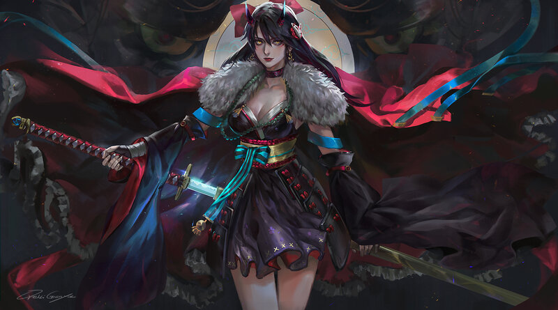 Female Warrior with Swords — Black, Dramatic, Night, Digital Art, Cape