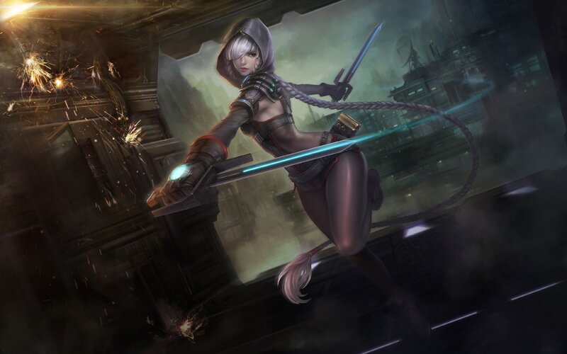 Female Warrior with Swords — Black, Dramatic, Night, Digital Art, Sparks