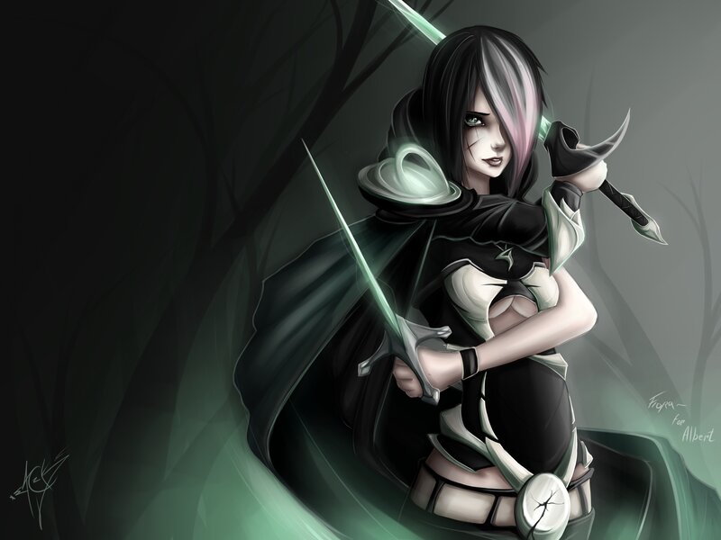 Female Warrior with Swords — Black, Dramatic, Night, Digital Art