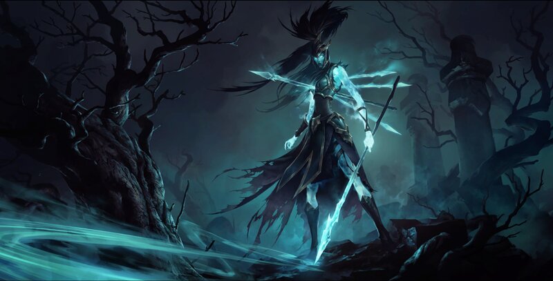 Female Warrior with Swords — Blue, Dark, Dramatic