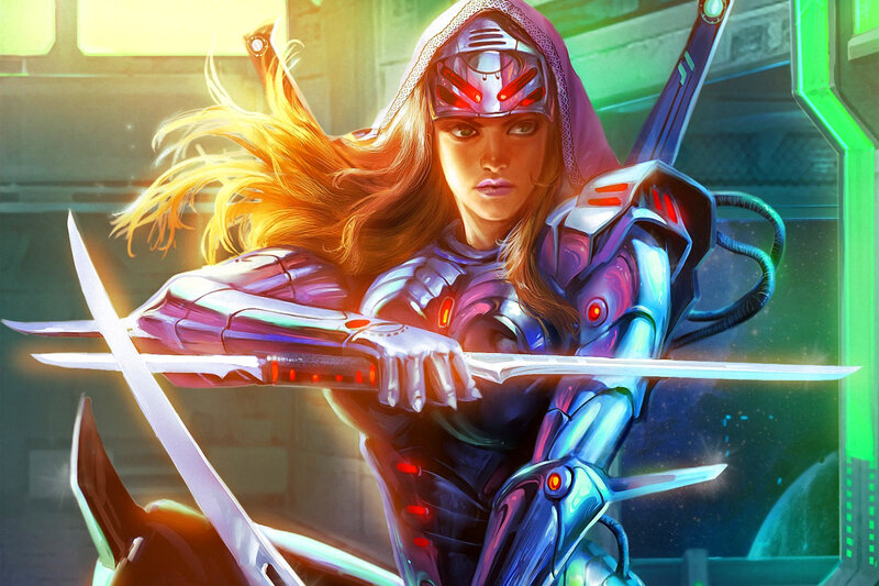 Female Warrior with Swords — Blue, Dramatic, Digital Art, Armor, Hood