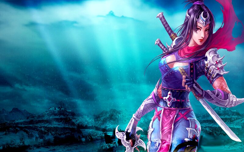 Female Warrior with Swords — Blue, Dramatic, Digital Art, Armor, Mountains
