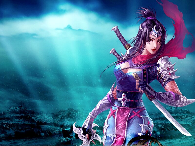 Female Warrior with Swords — Blue, Dramatic, Digital Art, Armor