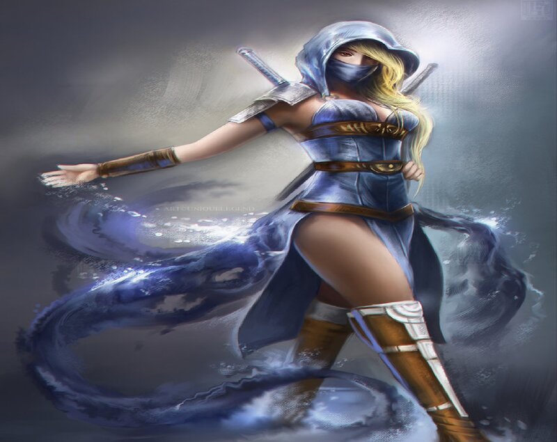 Female Warrior with Swords — Blue, Dramatic, Digital Art, Cloak