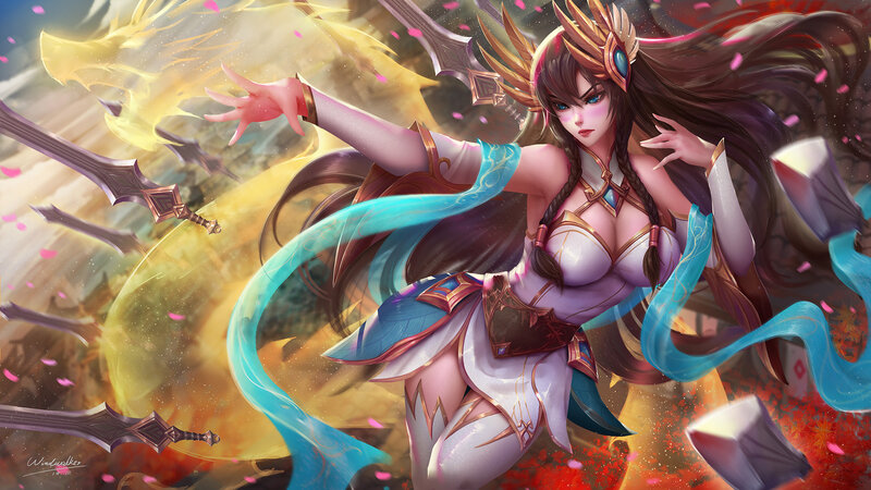 Female Warrior with Swords — Blue, Dramatic, Digital Art, Dragon