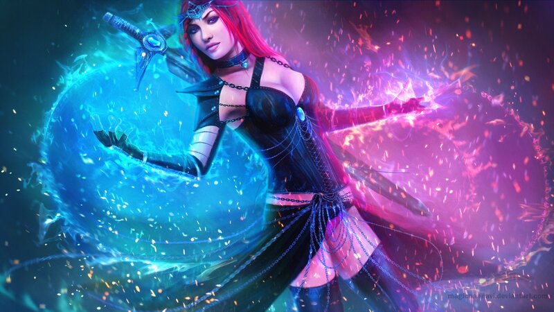Female Warrior with Swords — Blue, Dramatic, Digital Art, Magic
