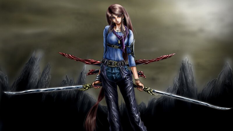 Female Warrior with Swords — Blue, Dramatic, Digital Art, Mountains, Long Hair