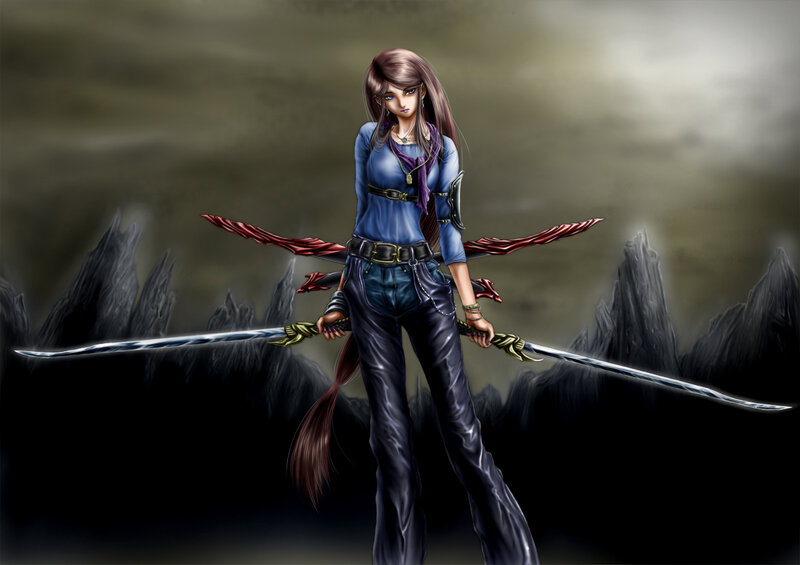 Female Warrior with Swords — Blue, Dramatic, Digital Art, Mountains