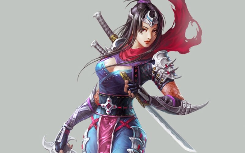 Female Warrior with Swords — Blue, Dramatic, Digital Art