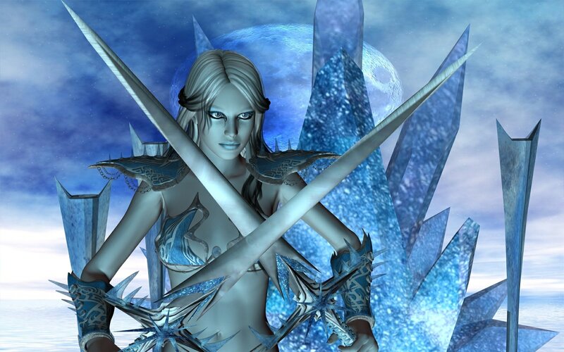 Female Warrior with Swords — Blue, Dramatic, Night, 3d Render, Crystals