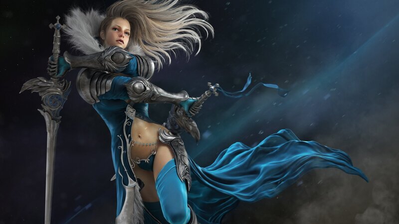 Female Warrior with Swords — Blue, Dramatic, Night, Digital Art, Armor, Cape