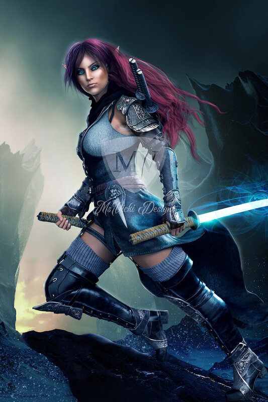 Female Warrior with Swords — Blue, Dramatic, Night, Digital Art, Armor, Long Hair