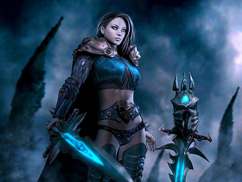 Female Warrior with Swords — Blue, Dramatic, Night, Digital Art, Armor, Skull