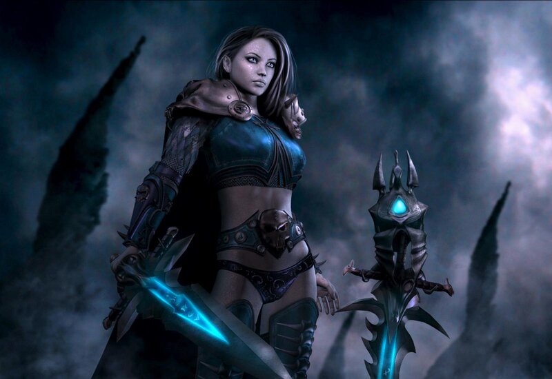 Female Warrior with Swords — Blue, Dramatic, Night, Digital Art, Armor
