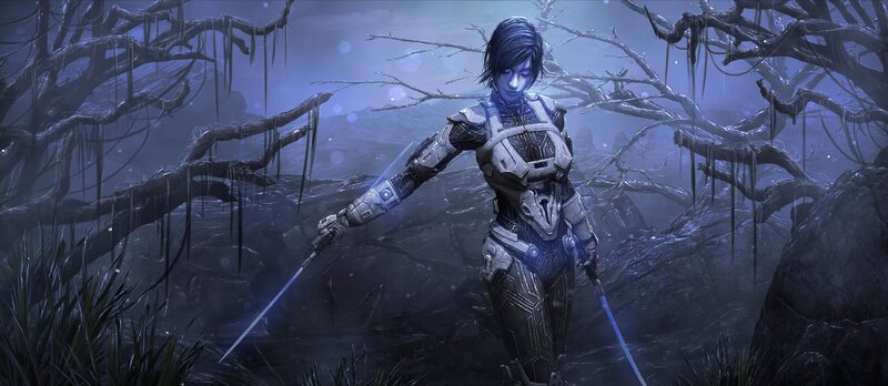 Female Warrior with Swords — Blue, Dramatic, Night, Digital Art, Armor, Trees