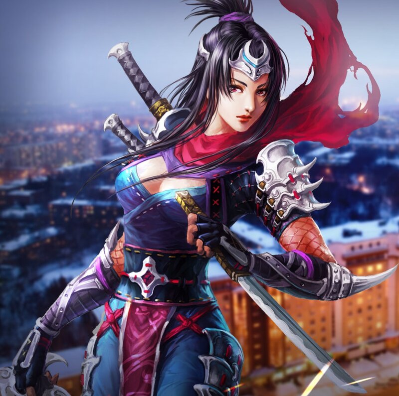 Female Warrior with Swords — Blue, Dramatic, Night, Digital Art, Cityscape