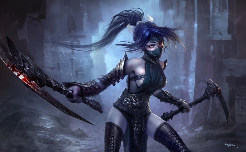 Female Warrior with Swords — Blue, Dramatic, Night, Digital Art, Mask