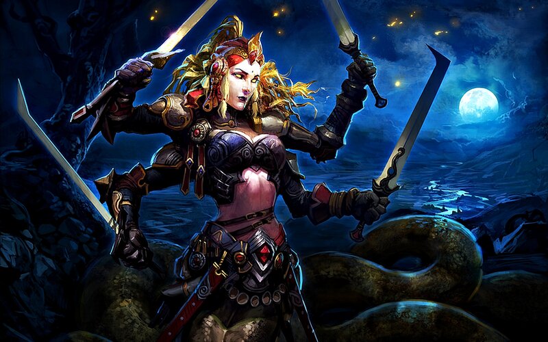 Female Warrior with Swords — Blue, Dramatic, Night, Digital Art, Moon, Snake