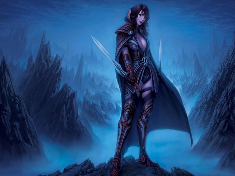 Female Warrior with Swords — Blue, Dramatic, Night, Digital Art, Mountains, Cape